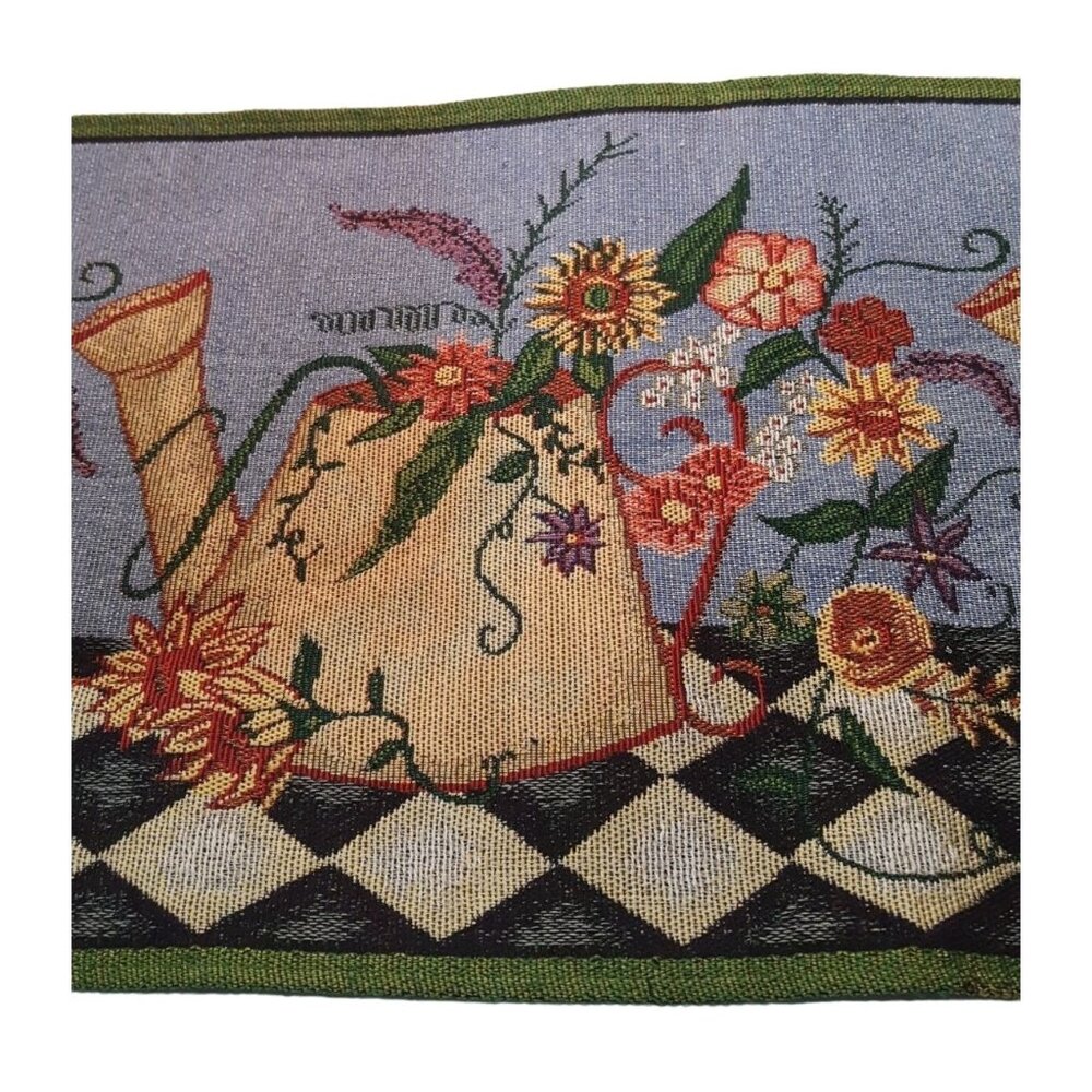 watering can vintage tapestry table runner blue floral 13 x 70